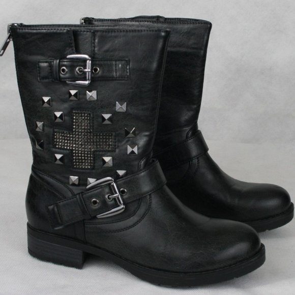 Report Shoes - Report Stefan Black Faux Leather Urban Studded Ankle Boots SZ 7M EUC